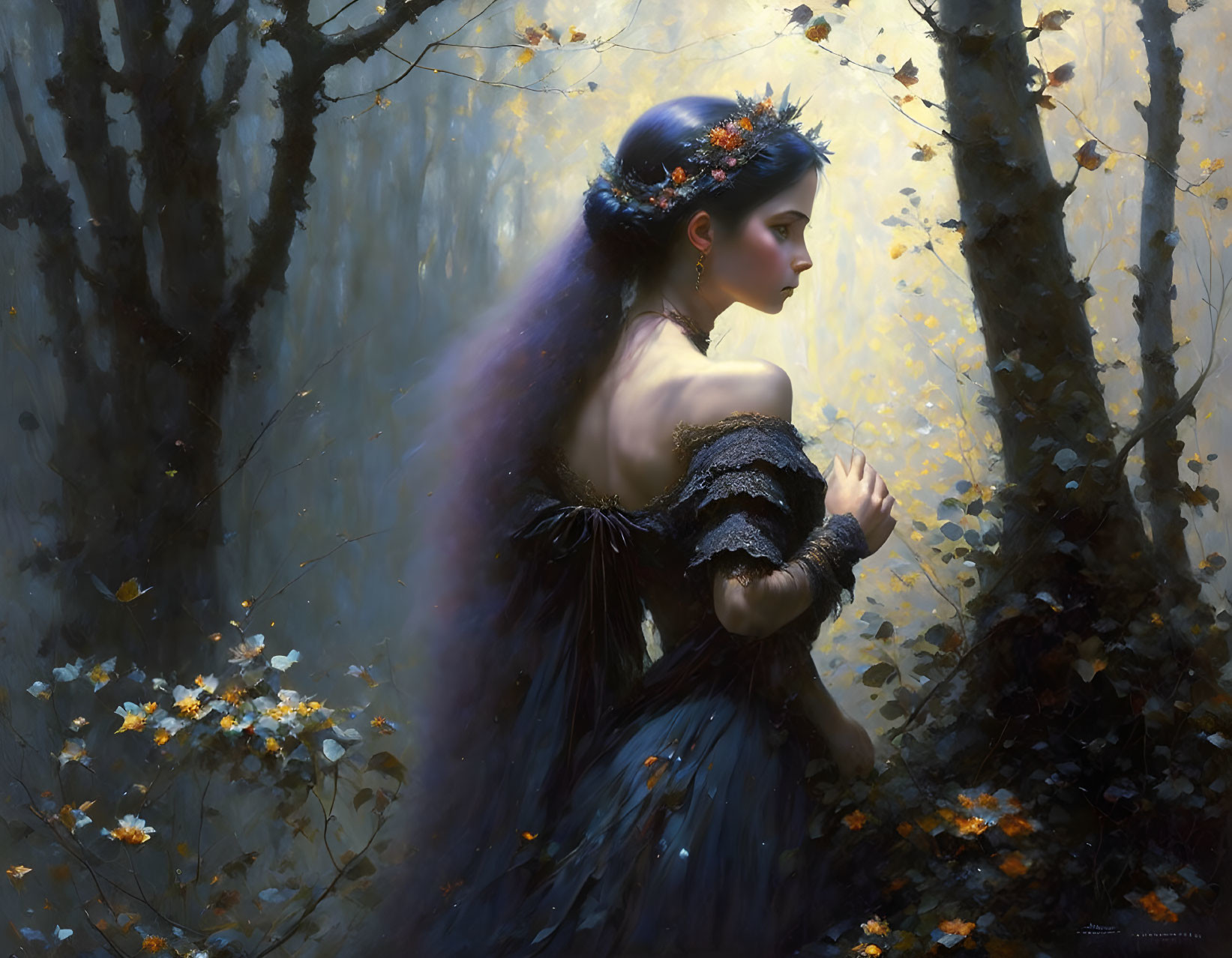 Woman in blue dress and floral crown in mystical forest with floating golden leaves