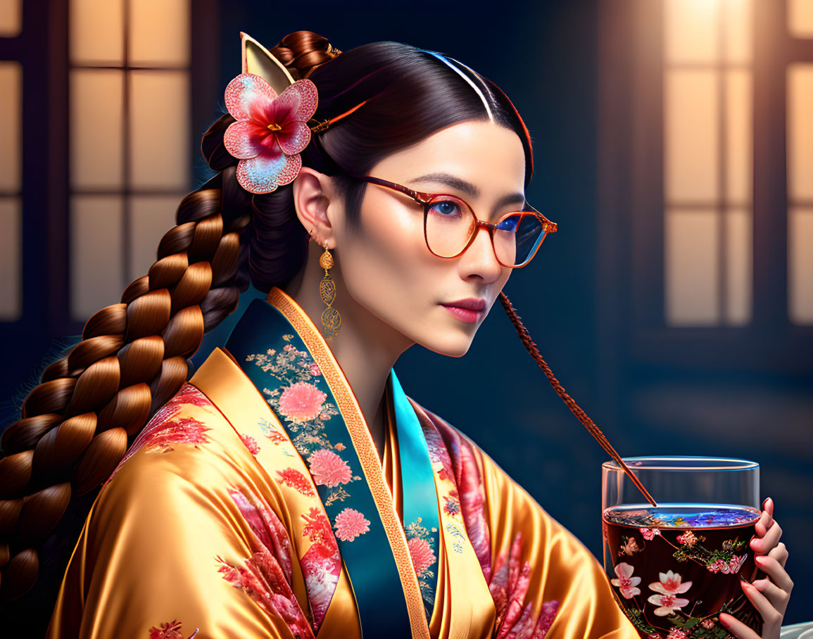 Traditional Japanese Kimono Woman with Floral Design and Glasses Holding Cup