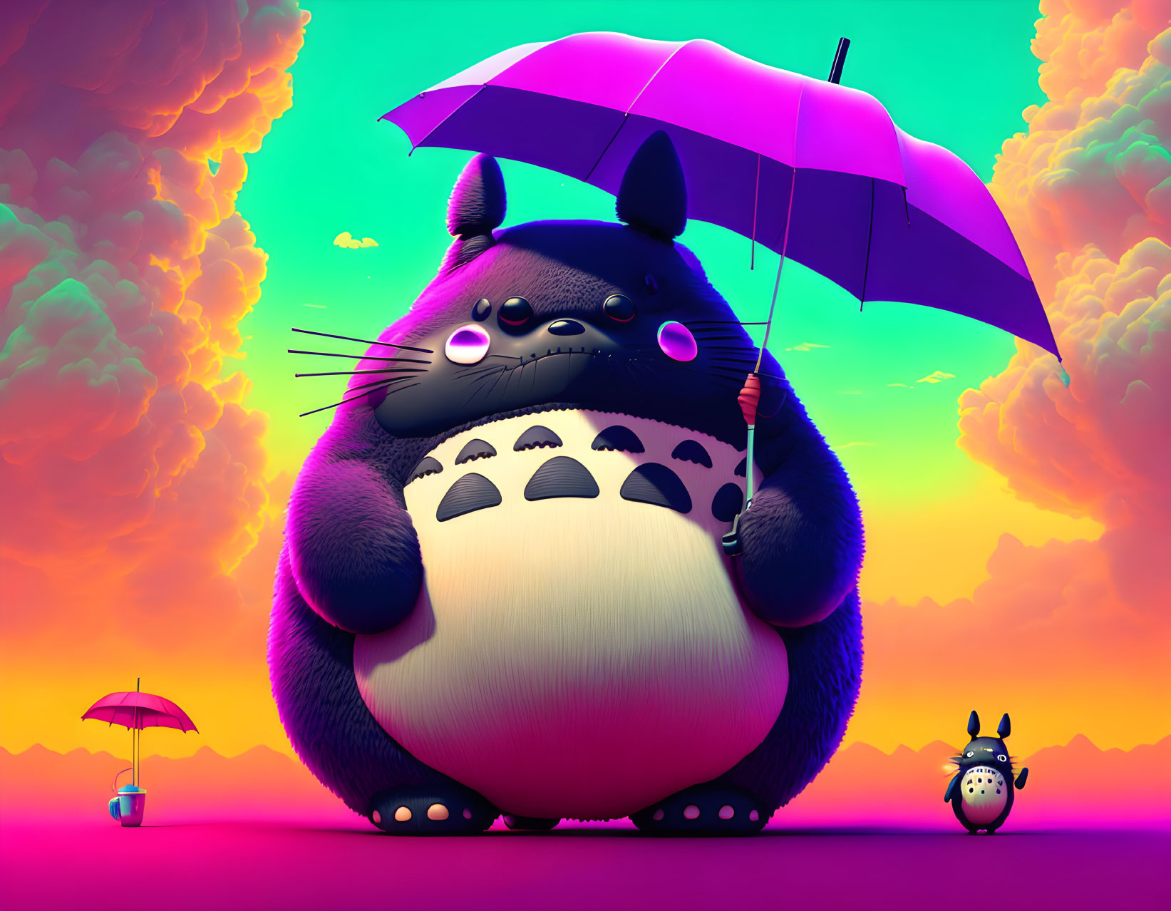 Large Totoro with small Totoro under umbrella in vibrant sunset scene