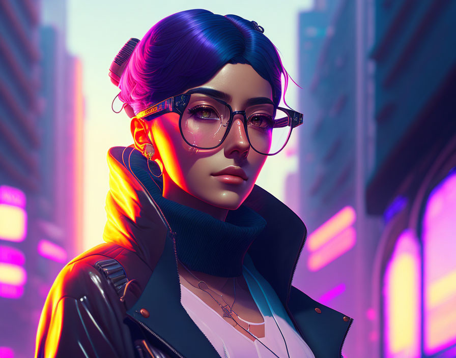 Woman with Blue Hair and Glasses in Neon Cityscape Portrait