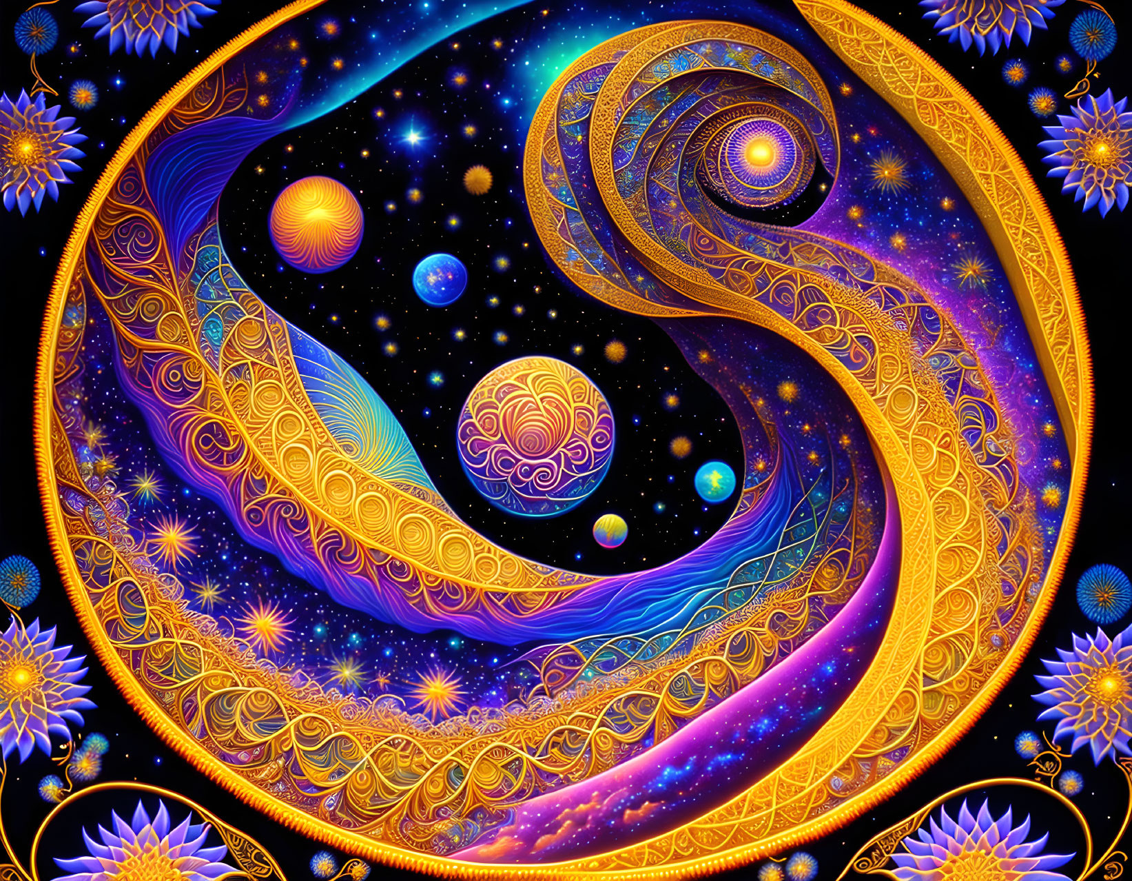 Colorful digital artwork with cosmic patterns and mandala designs on starry sky.