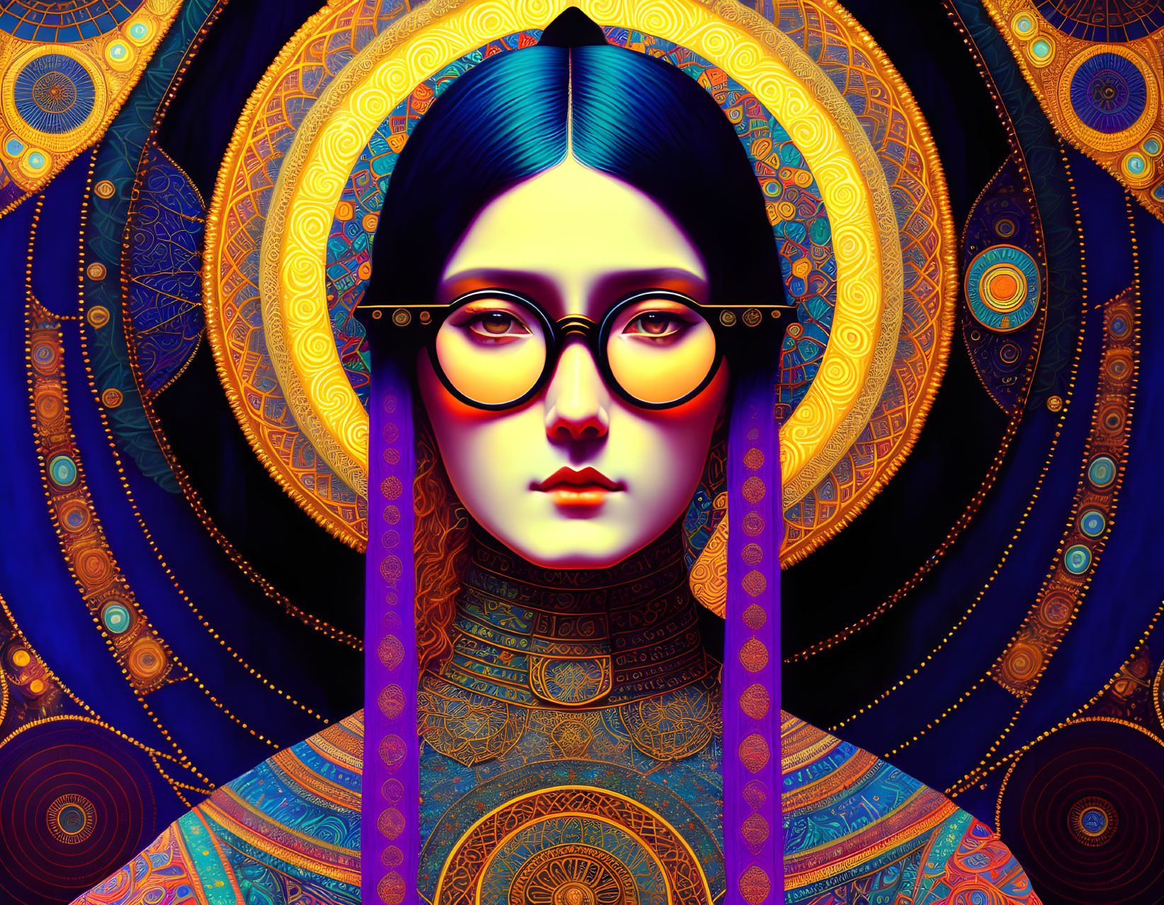 Colorful digital portrait of a woman with glasses and intricate geometric and floral patterns.