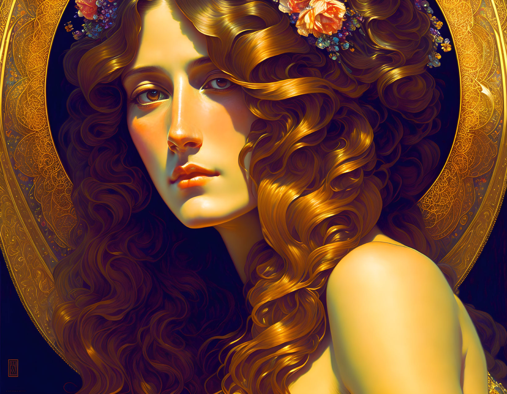 Detailed Illustration: Woman with Curly Hair and Flowers in Intricate Golden Mandala Background