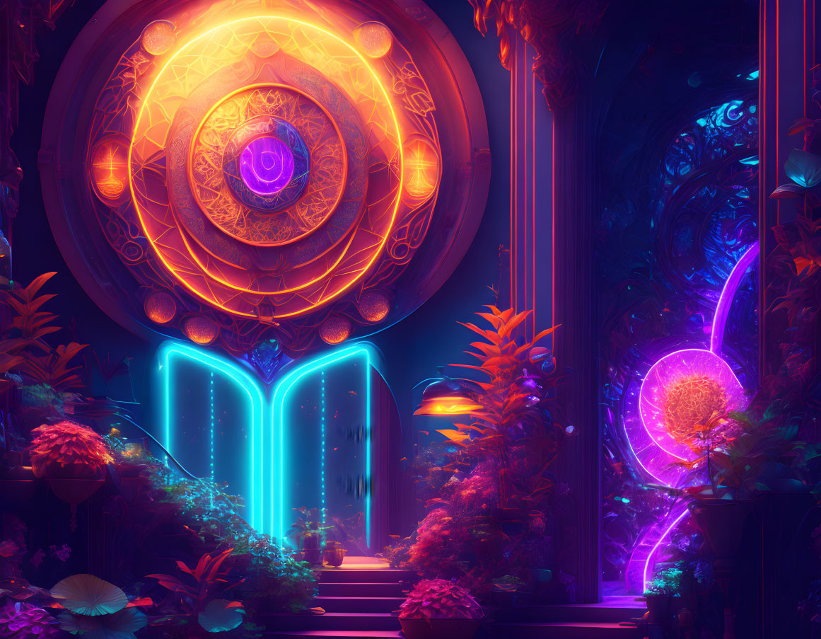 Fantastical room with neon plants, mystical symbols, and gateway