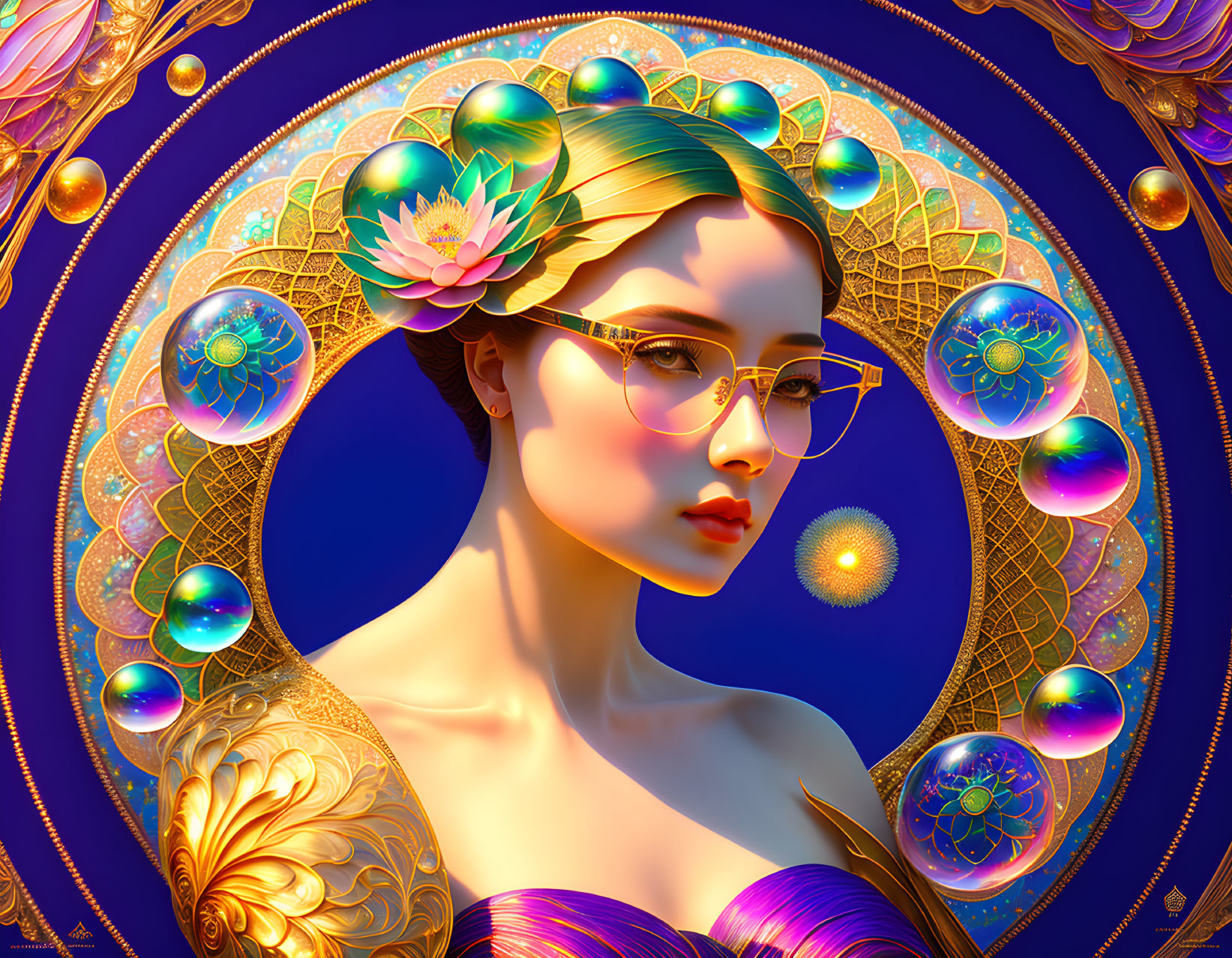 Illustrated woman with green foliage and gold-rimmed glasses on ornate blue background