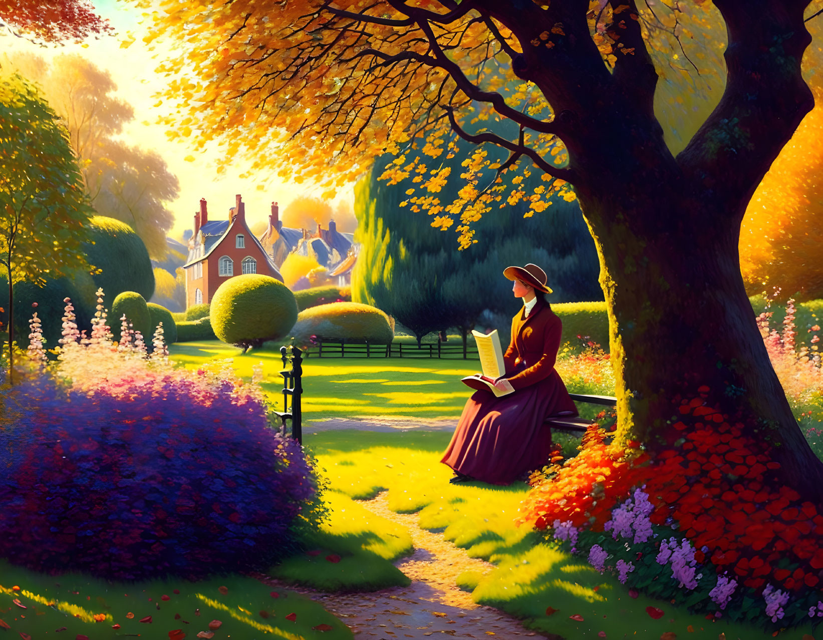 Woman reading in purple dress under autumn trees in vibrant garden