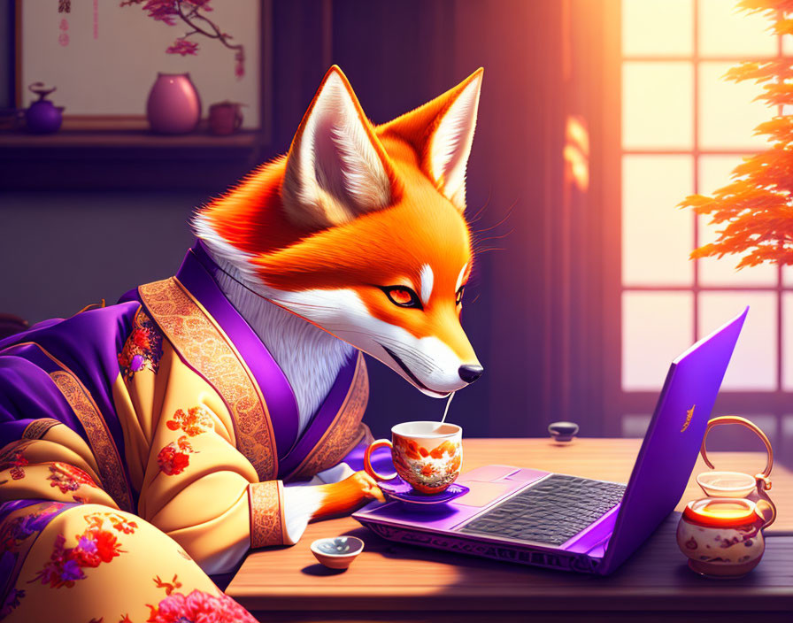 Anthropomorphic fox in Japanese attire with laptop and tea set by window