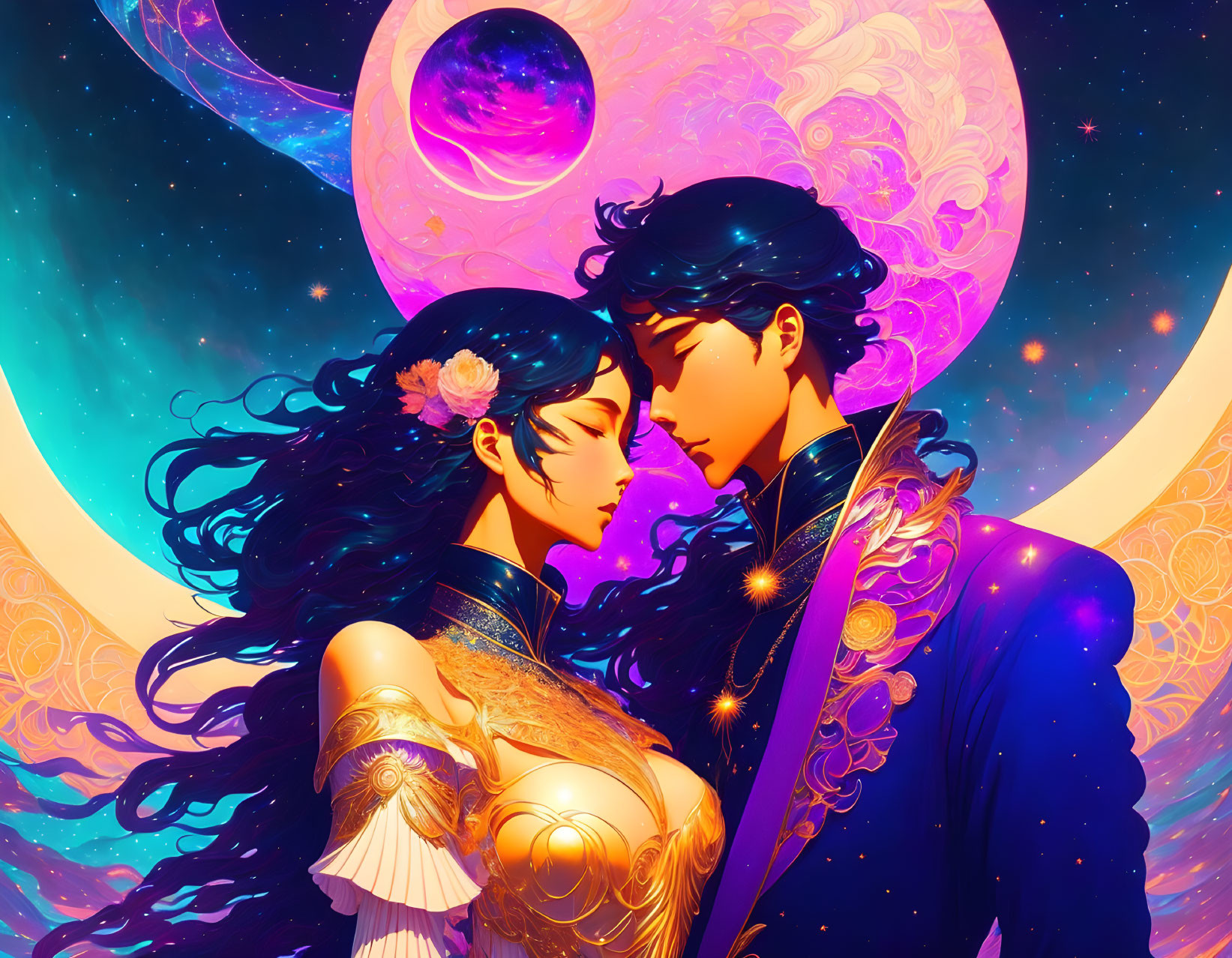 Animated characters embrace in cosmic setting with moons and stars