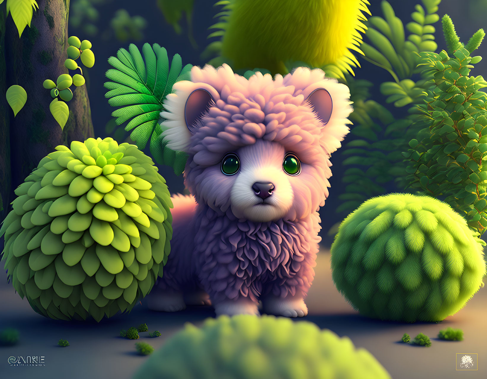 Fluffy fantasy creature with green eyes in magical forest.