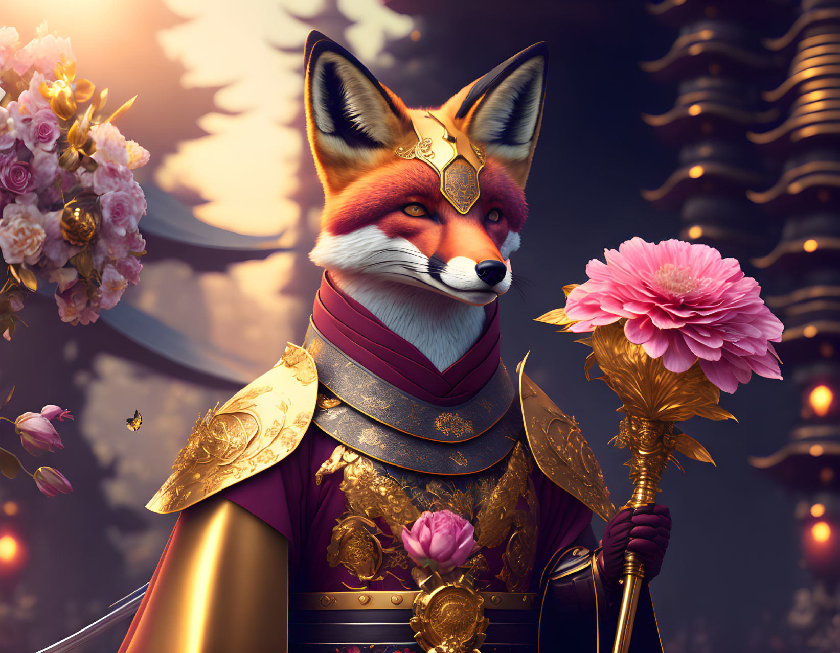 Anthropomorphic fox in regal attire with staff and cherry blossoms at twilight