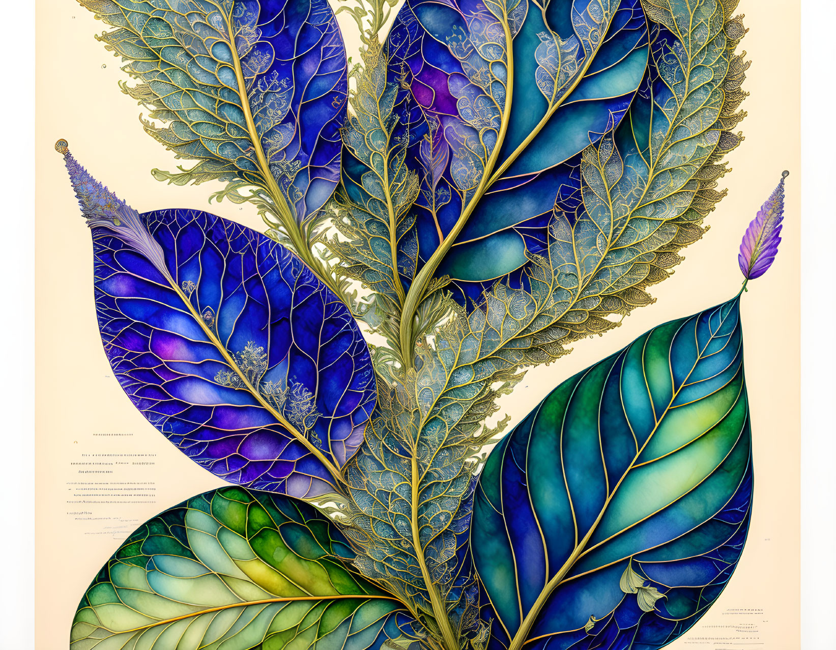 Vibrant blue and green oversized leaves with intricate vein details