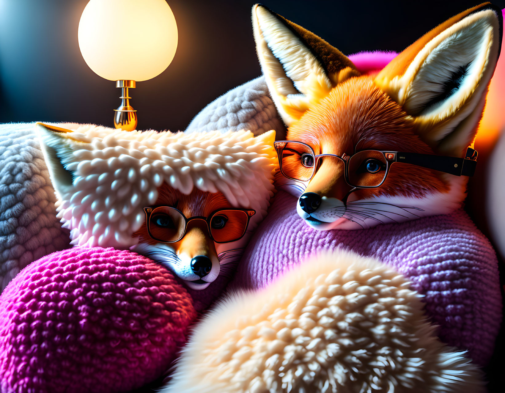 Anthropomorphic Foxes in Colorful Knits and Glasses Under Warm Light