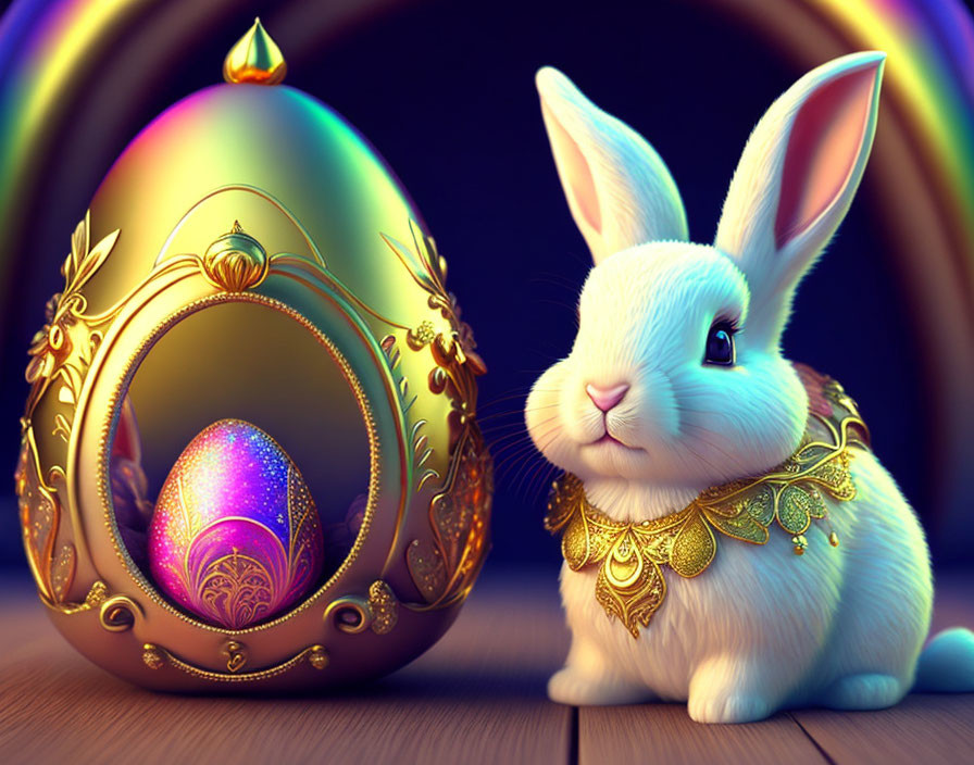 White rabbit and golden egg with ornate egg on dark background.