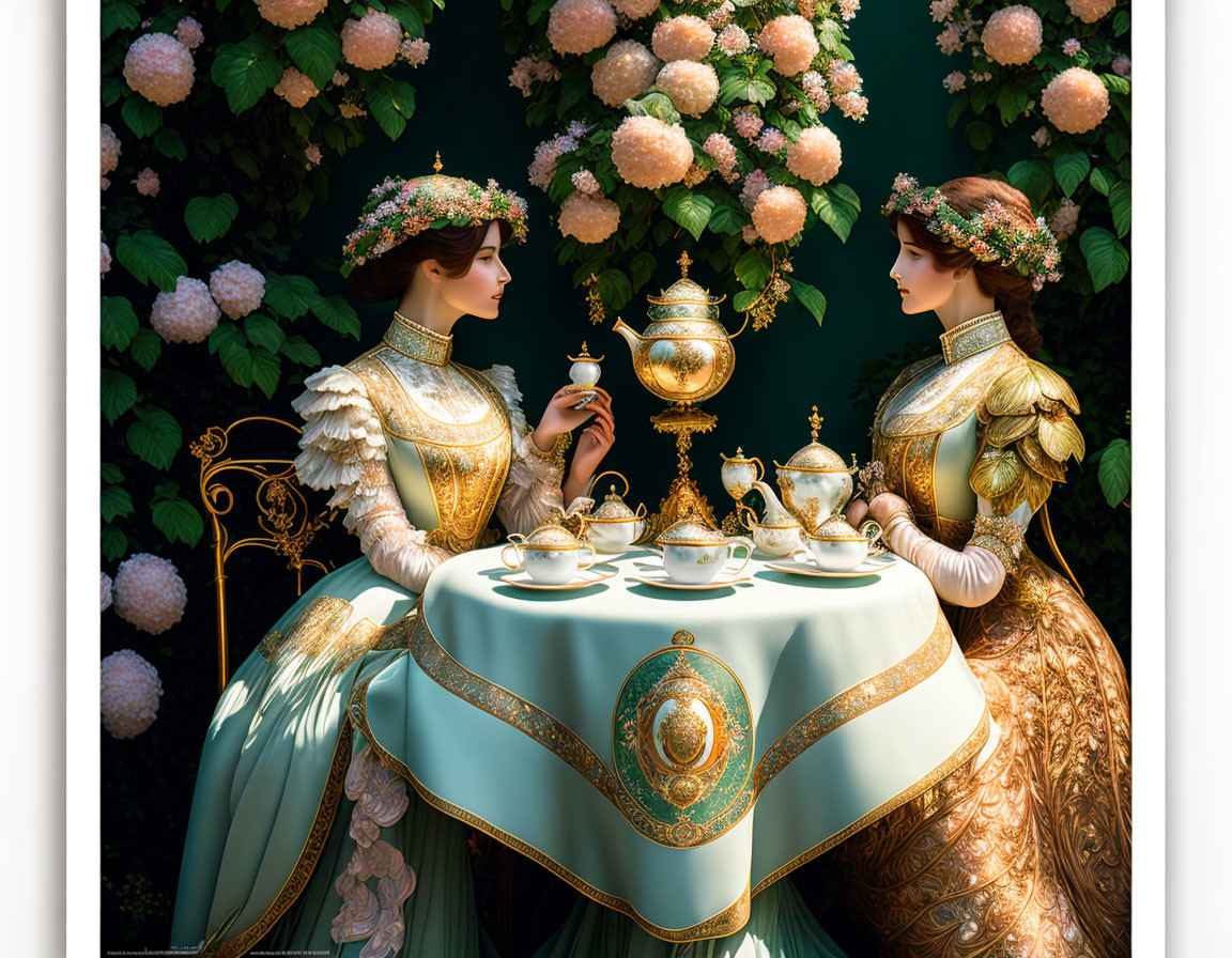 Two women in vintage dresses and floral hats at outdoor tea ceremony surrounded by pink hydrangeas.