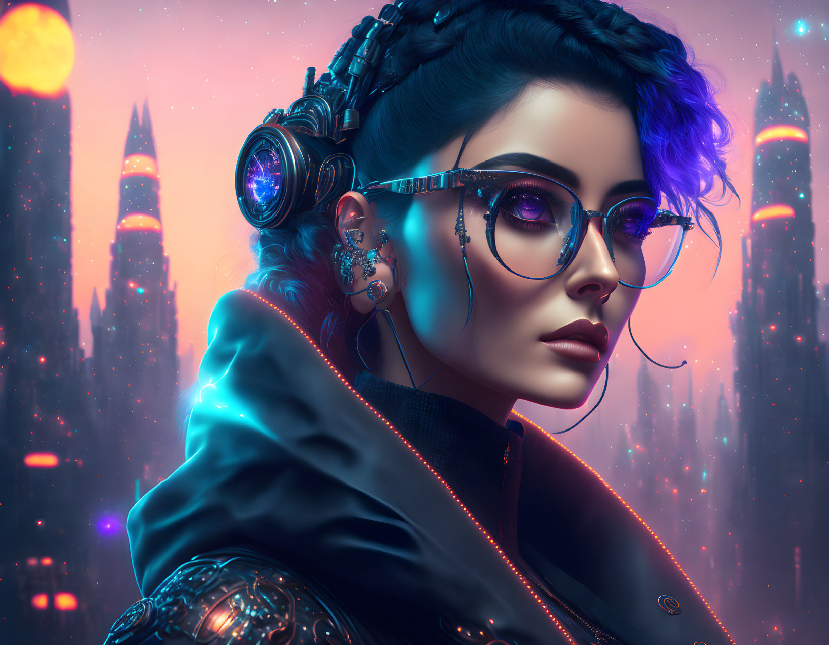 Futuristic digital artwork: woman with cybernetic enhancements in neon cityscape