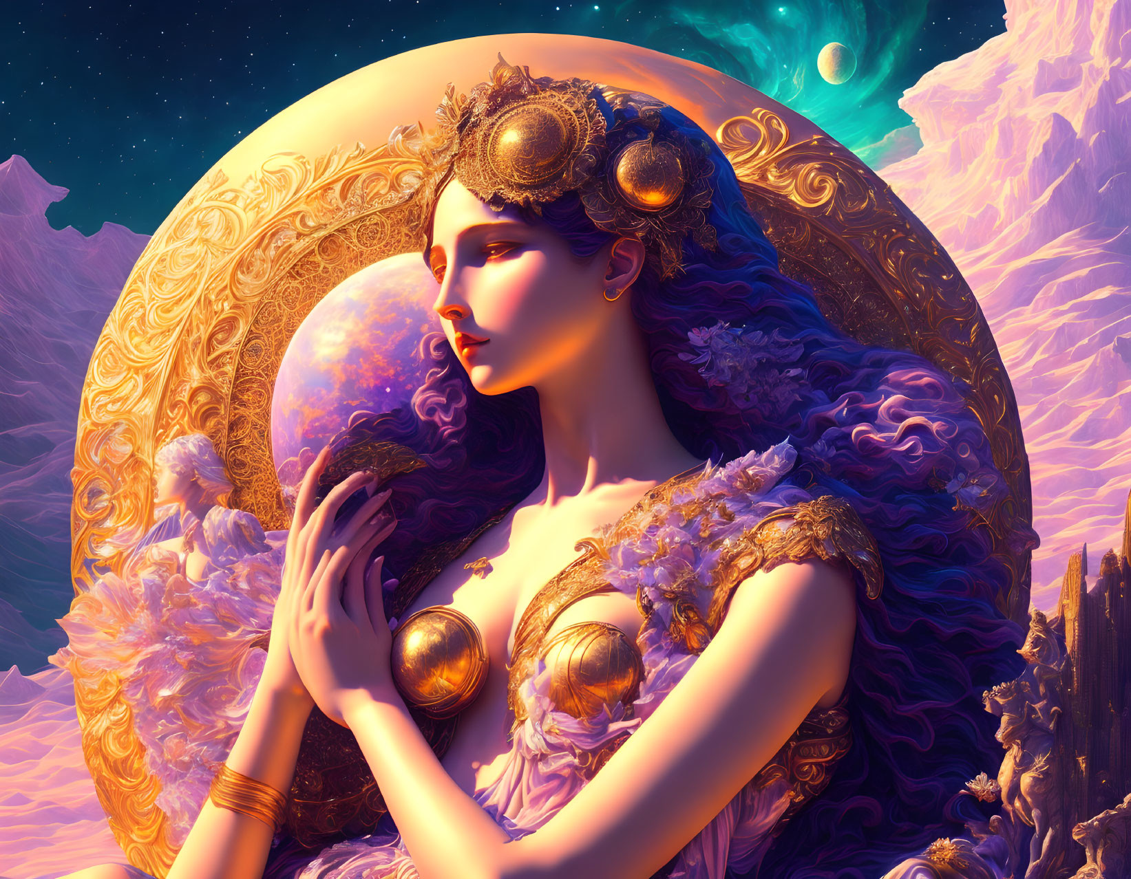 Celestial headdress adorns regal woman in cosmic landscape