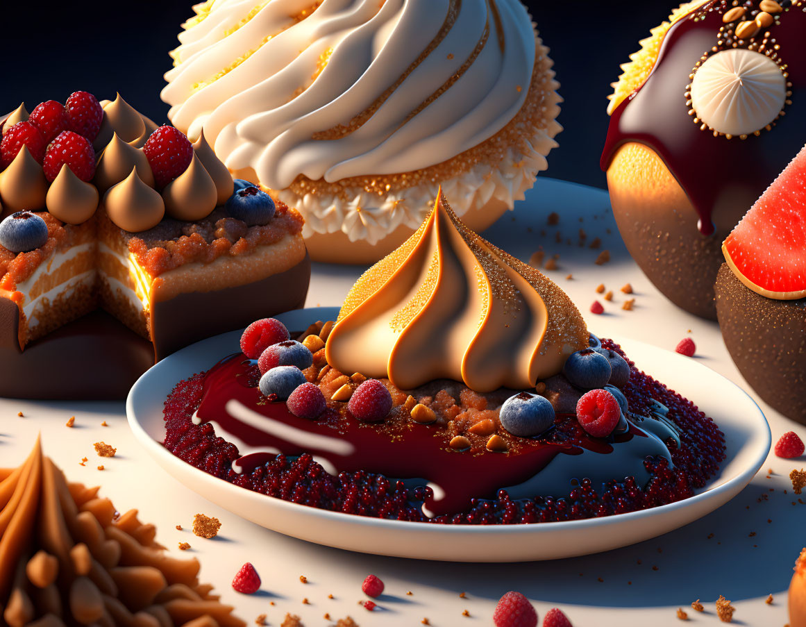 Assorted desserts: meringue tart, berry pie, chocolate pastry with berries.