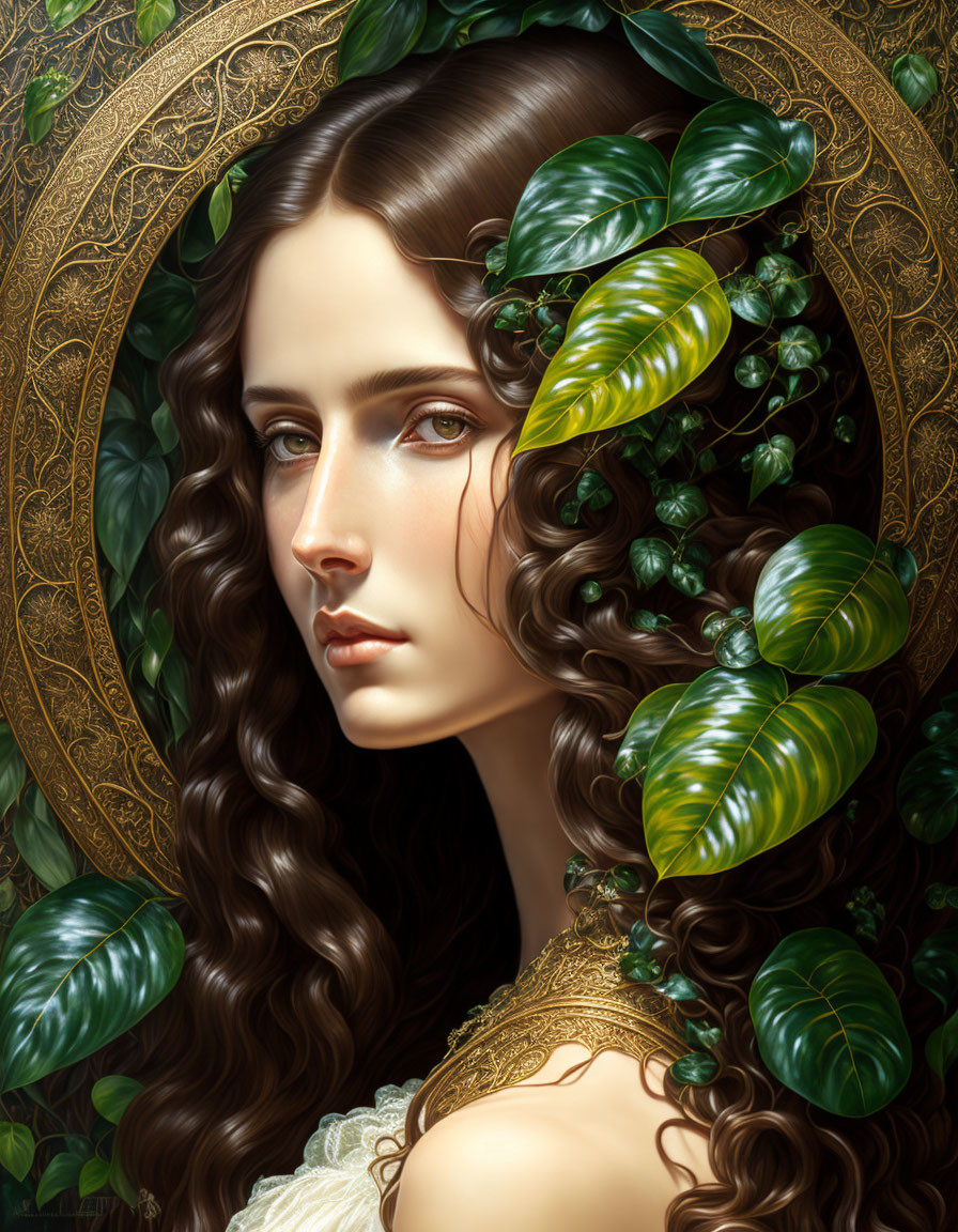 Detailed Illustration: Woman with Curly Hair, Green Leaves, and Ornate Patterns