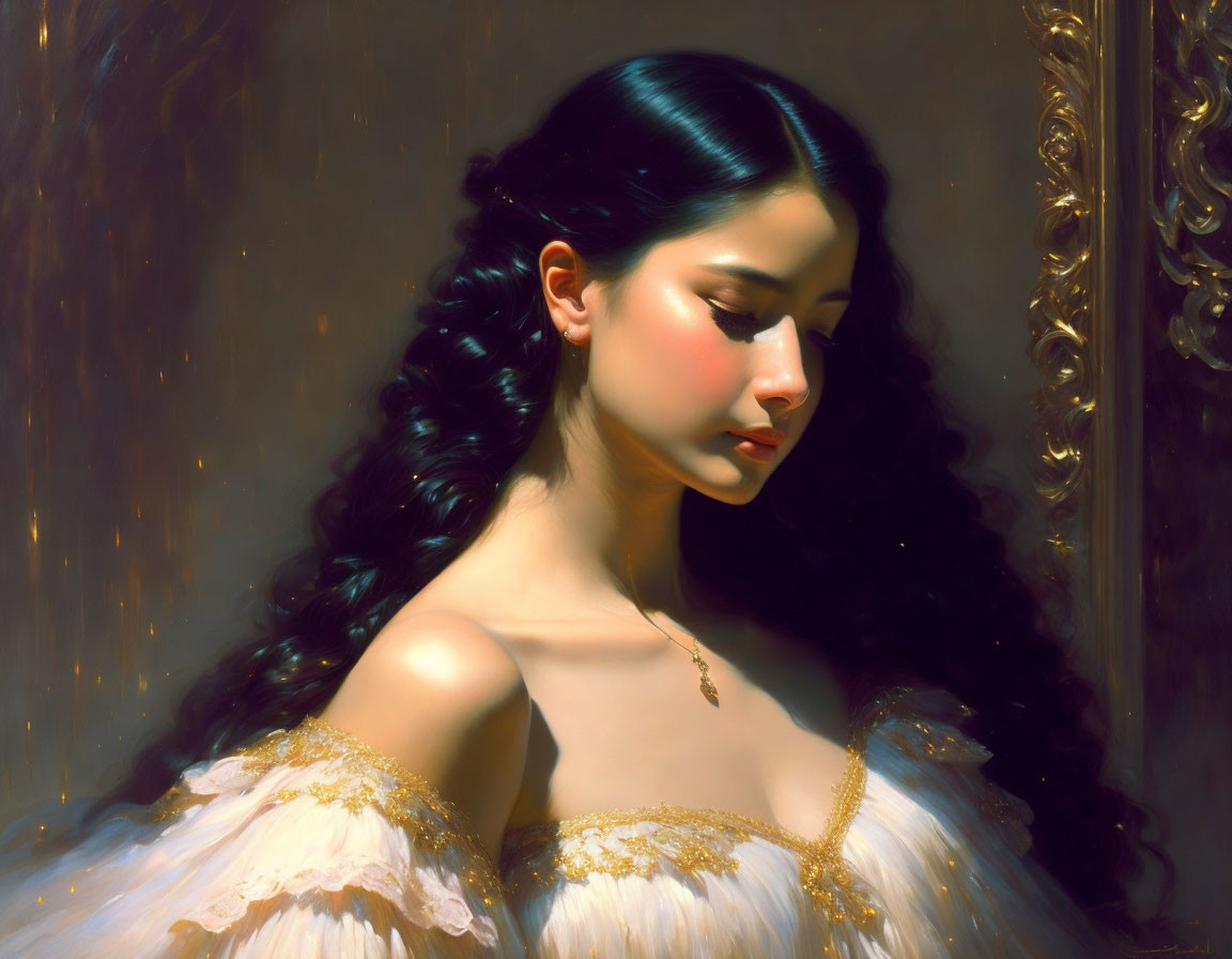 Woman in off-shoulder white dress with dark hair, gazing down under soft light