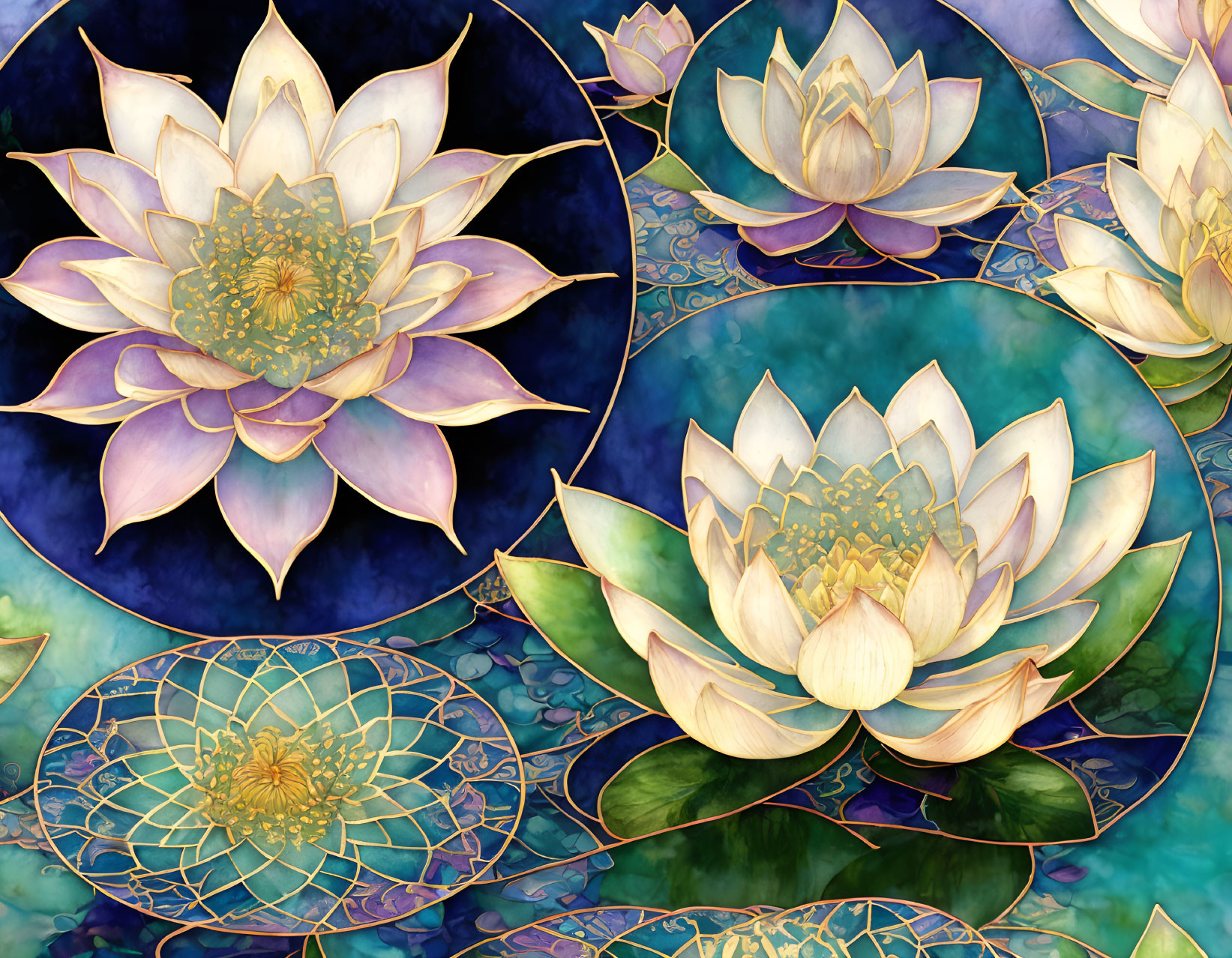 Colorful Lotus Flower Illustration on Dark Blue Mandala Background