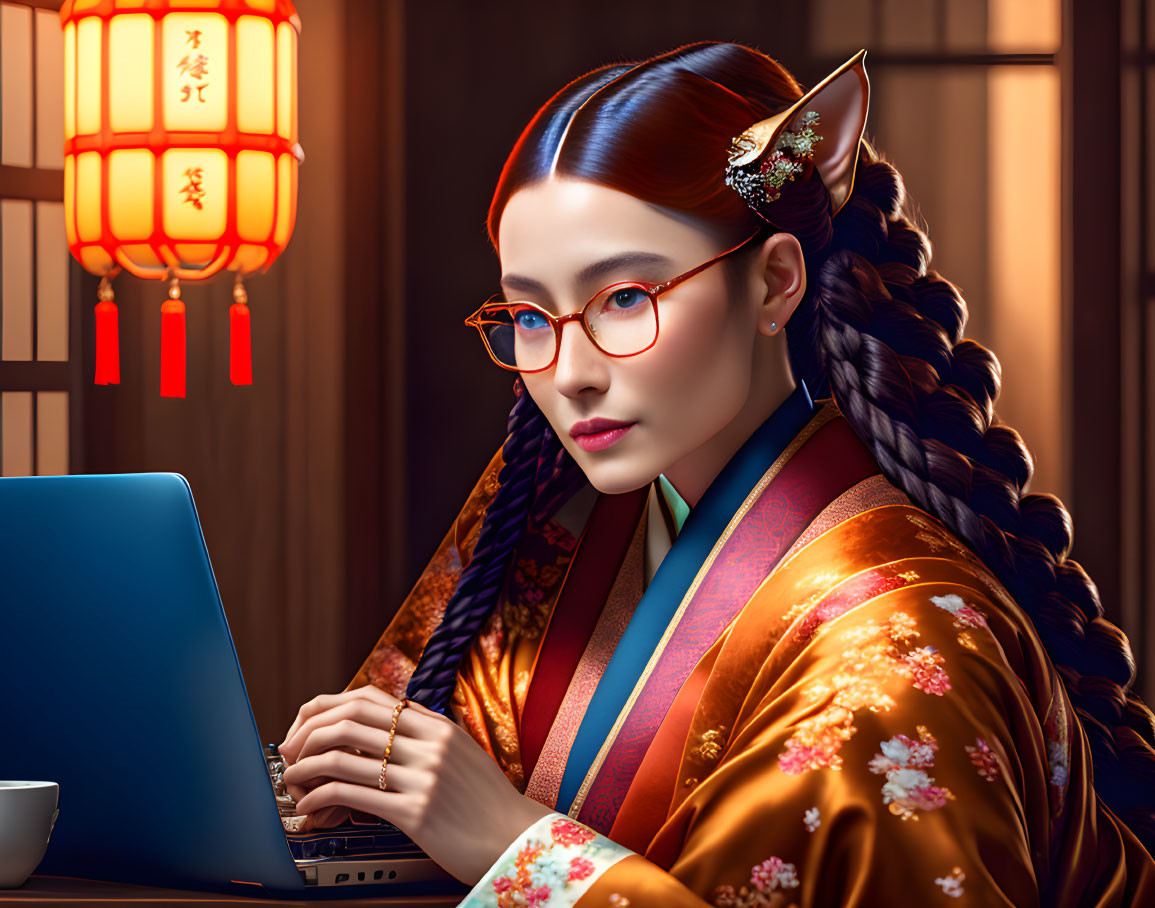 Blue-haired woman in orange robe working on laptop under red lantern