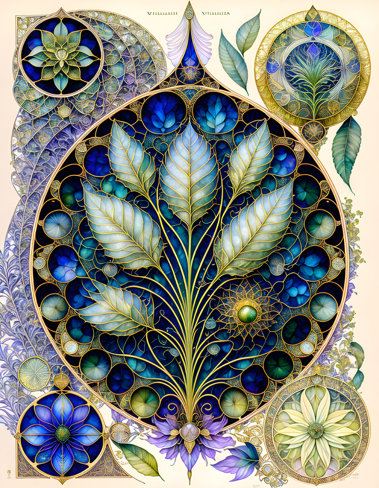 Art Nouveau Style Illustration: Peacock Feather Motif in Blues, Greens, and Gold