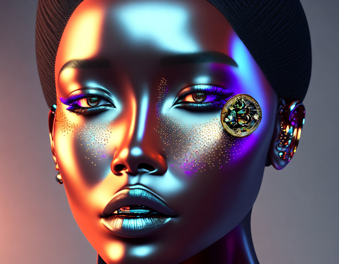 Colorful digital portrait of woman with blue and purple skin and golden ear jewelry