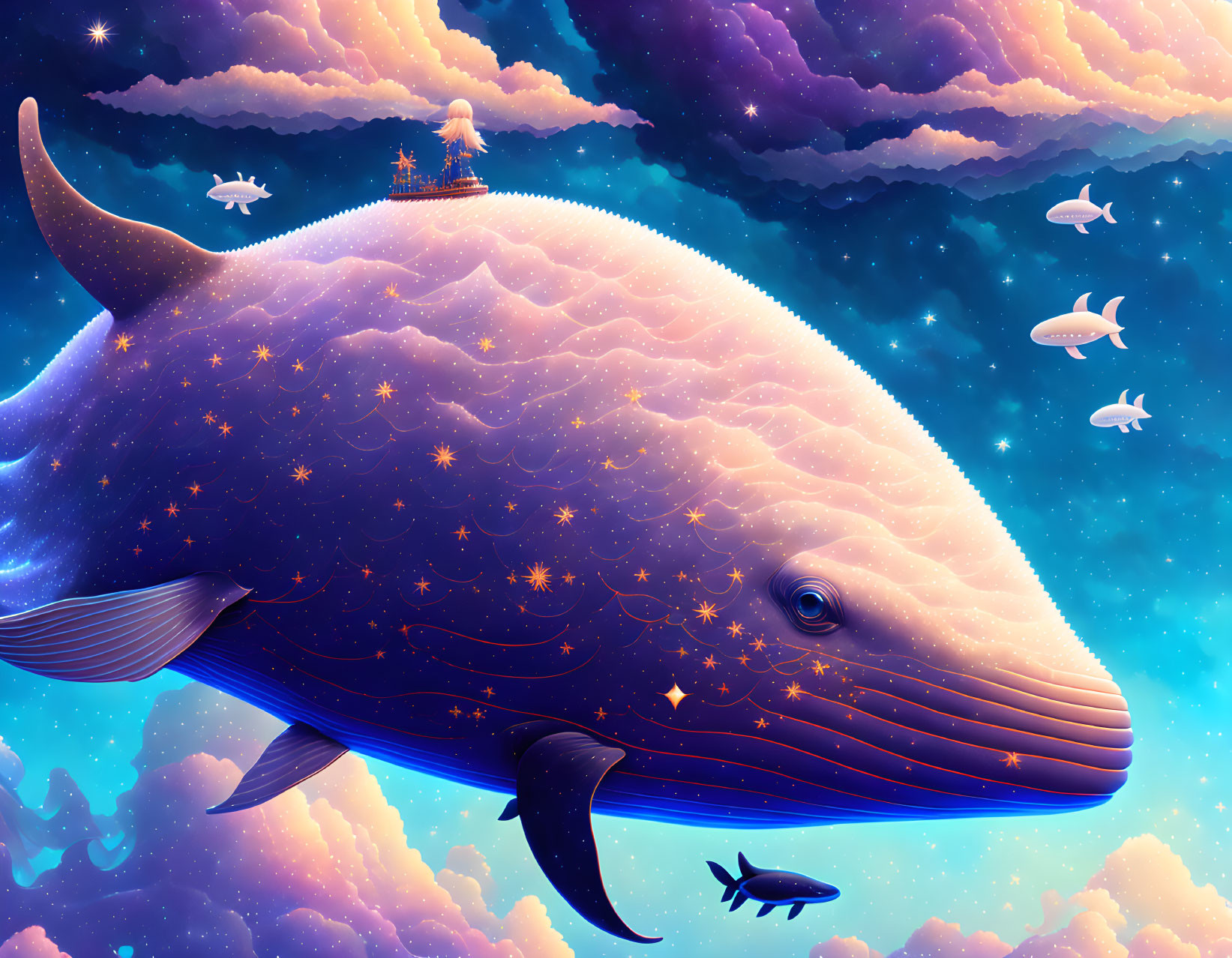 Illustration of giant whale with starry night pattern swimming in sky with clouds, fish, and small