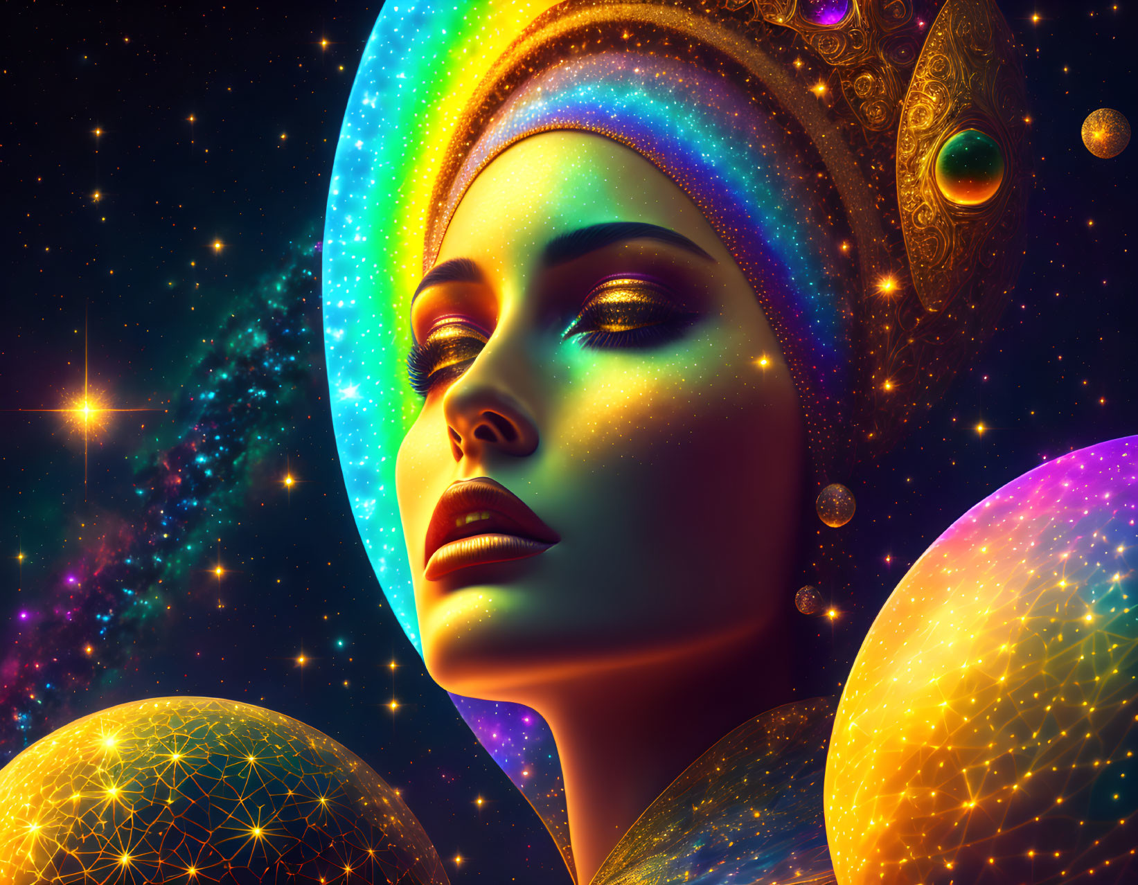 Digital artwork of woman with cosmic features and celestial patterns in deep space