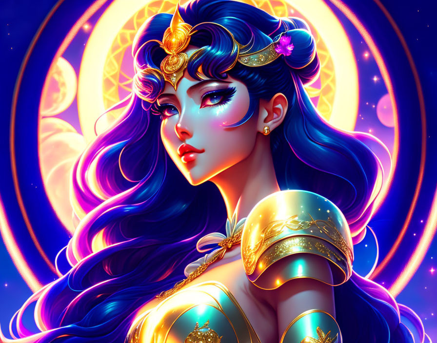 Fantasy female character with blue hair and golden armor.