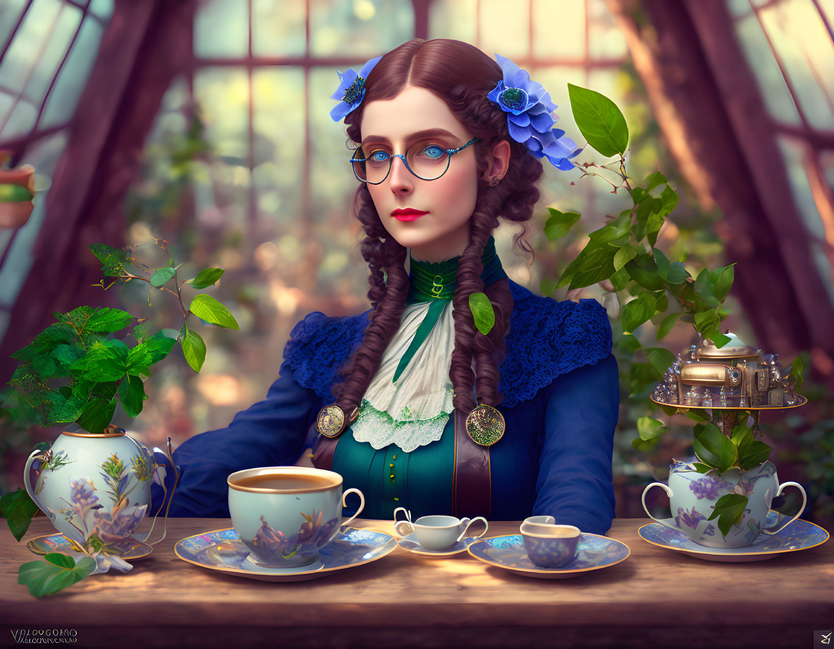 Woman with braided hair and blue flowers in conservatory tea setting.