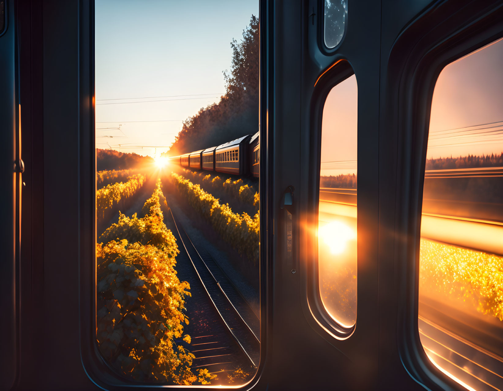 Sunset view from train: golden light on tracks & foliage, open door evoking journey