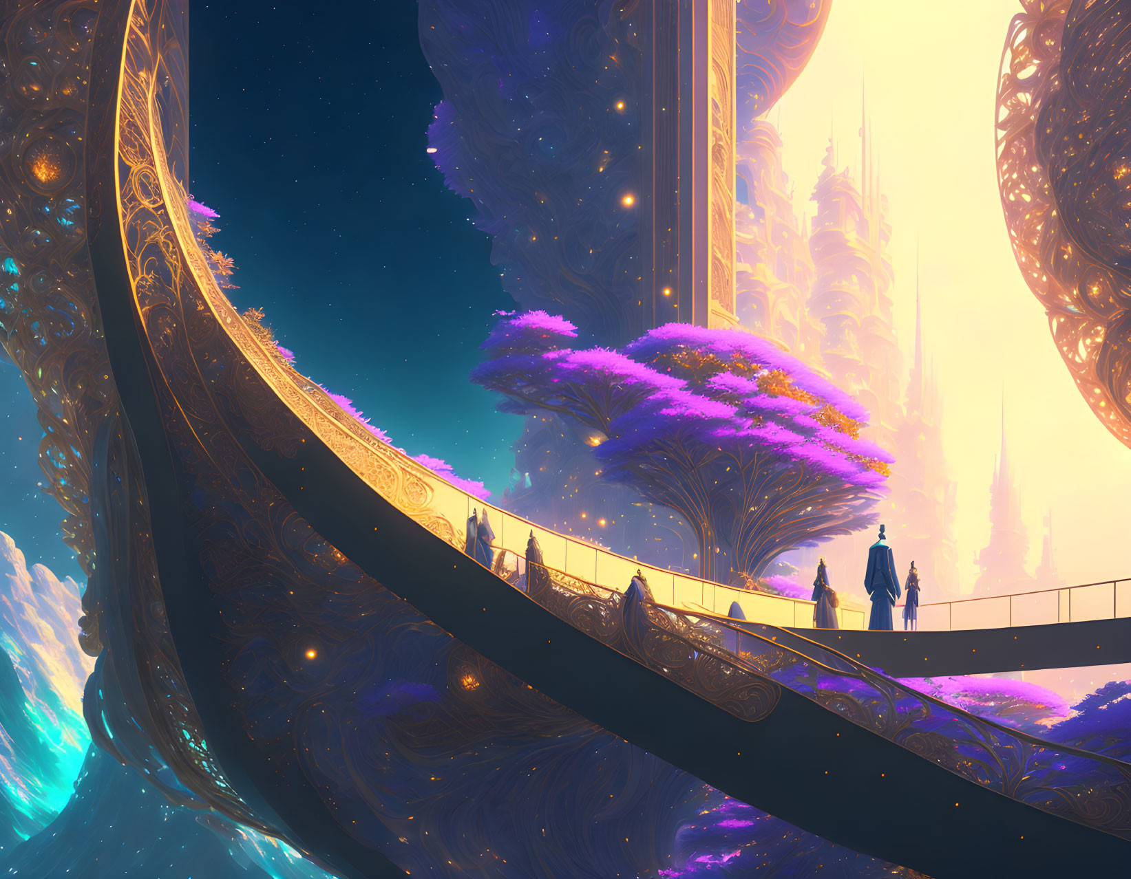 Fantastical scene: Two figures on bridge, alien structures, vibrant tree, luminous sky