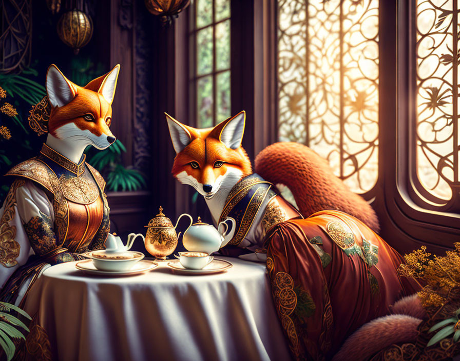 Anthropomorphic foxes in elegant attire by window with tea set