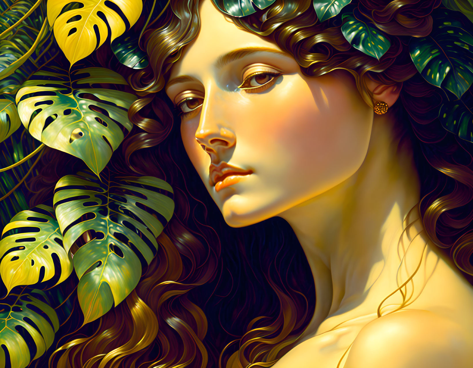 Digital artwork: Woman with flowing hair and green leaf adornments in lush foliage theme