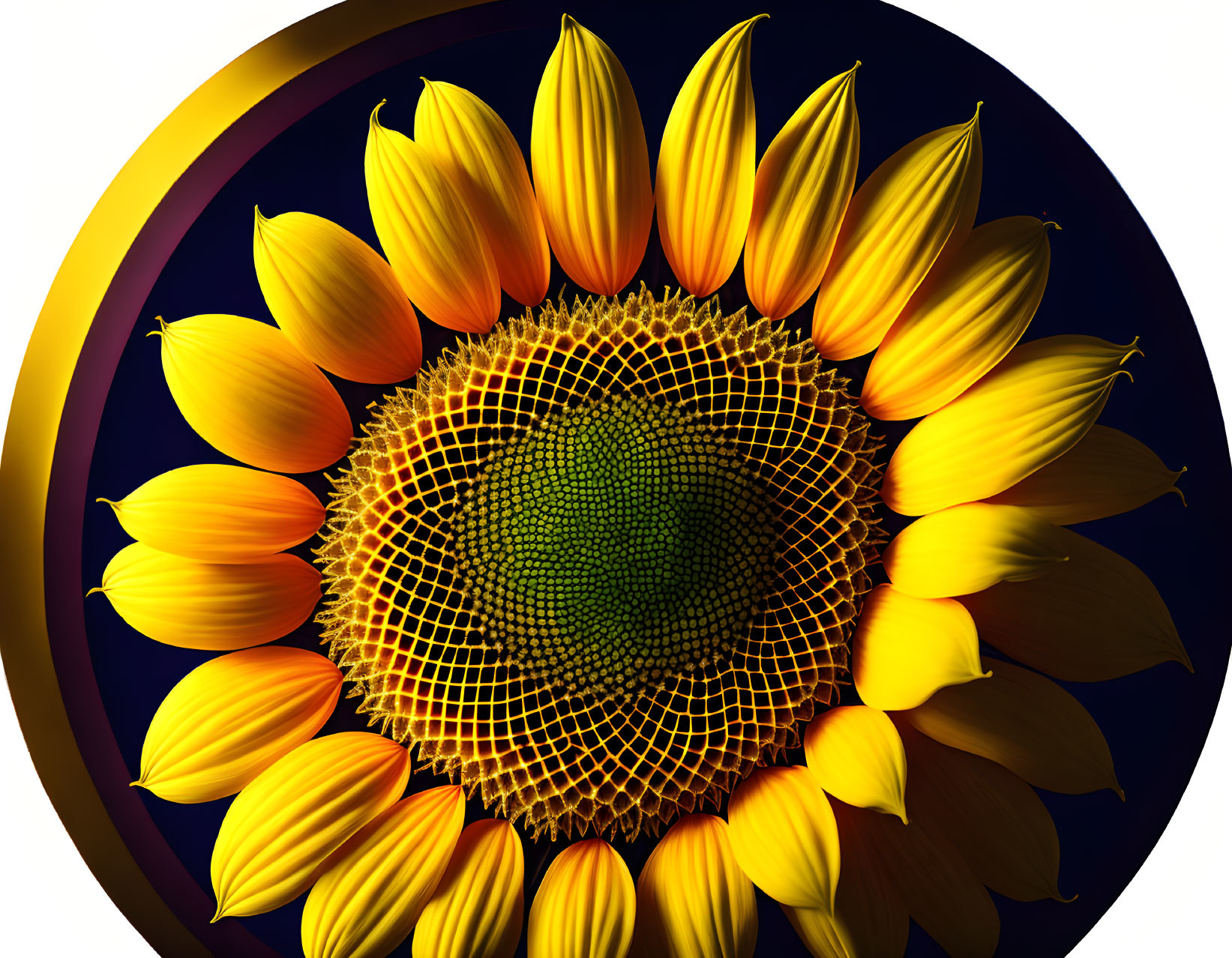 Bright Yellow Sunflower Graphic on Dark Background with Golden Spiral