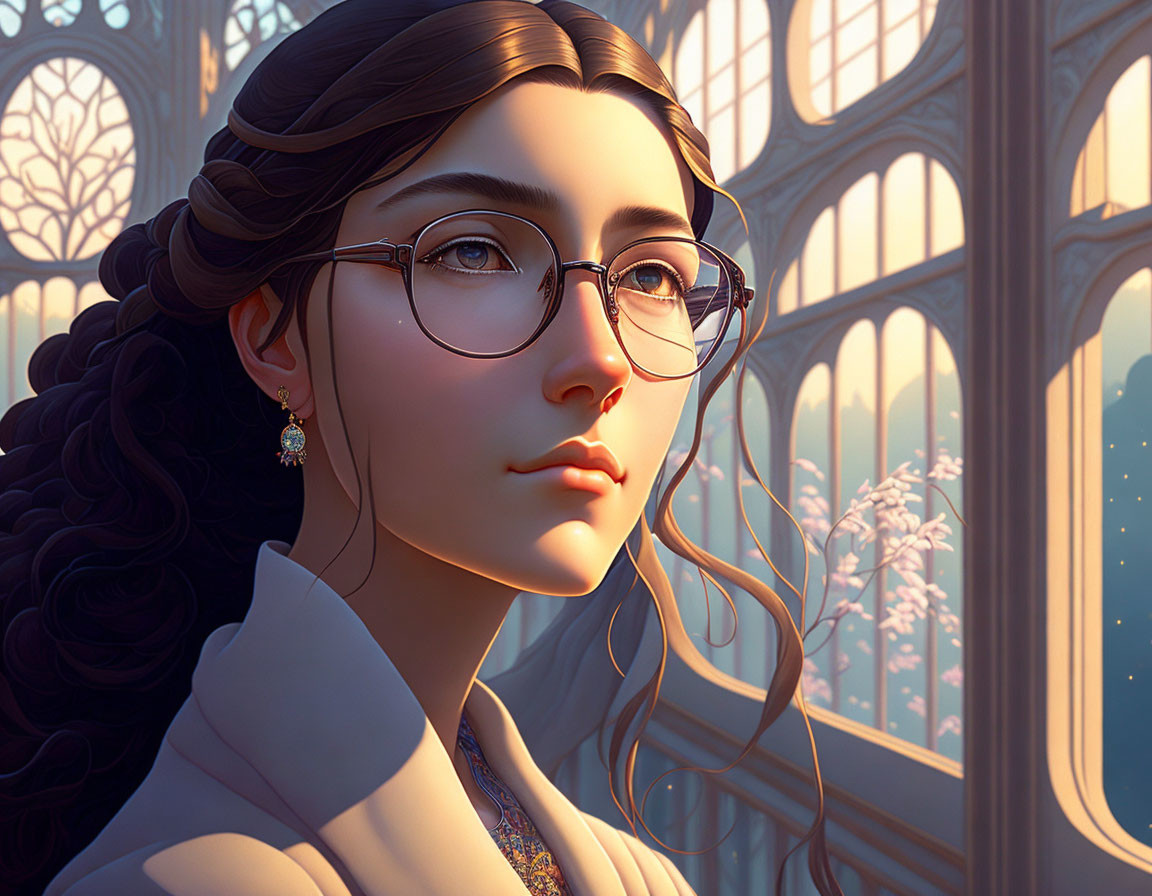 Detailed digital art portrait of woman with glasses and braided hair gazing out of window in warm sunlight