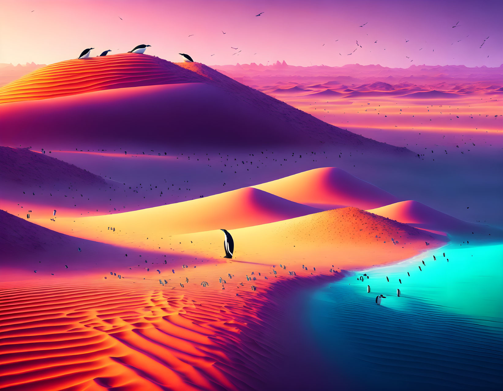 Vibrant pink and blue surreal landscape with sand dunes, penguins, water, and birds