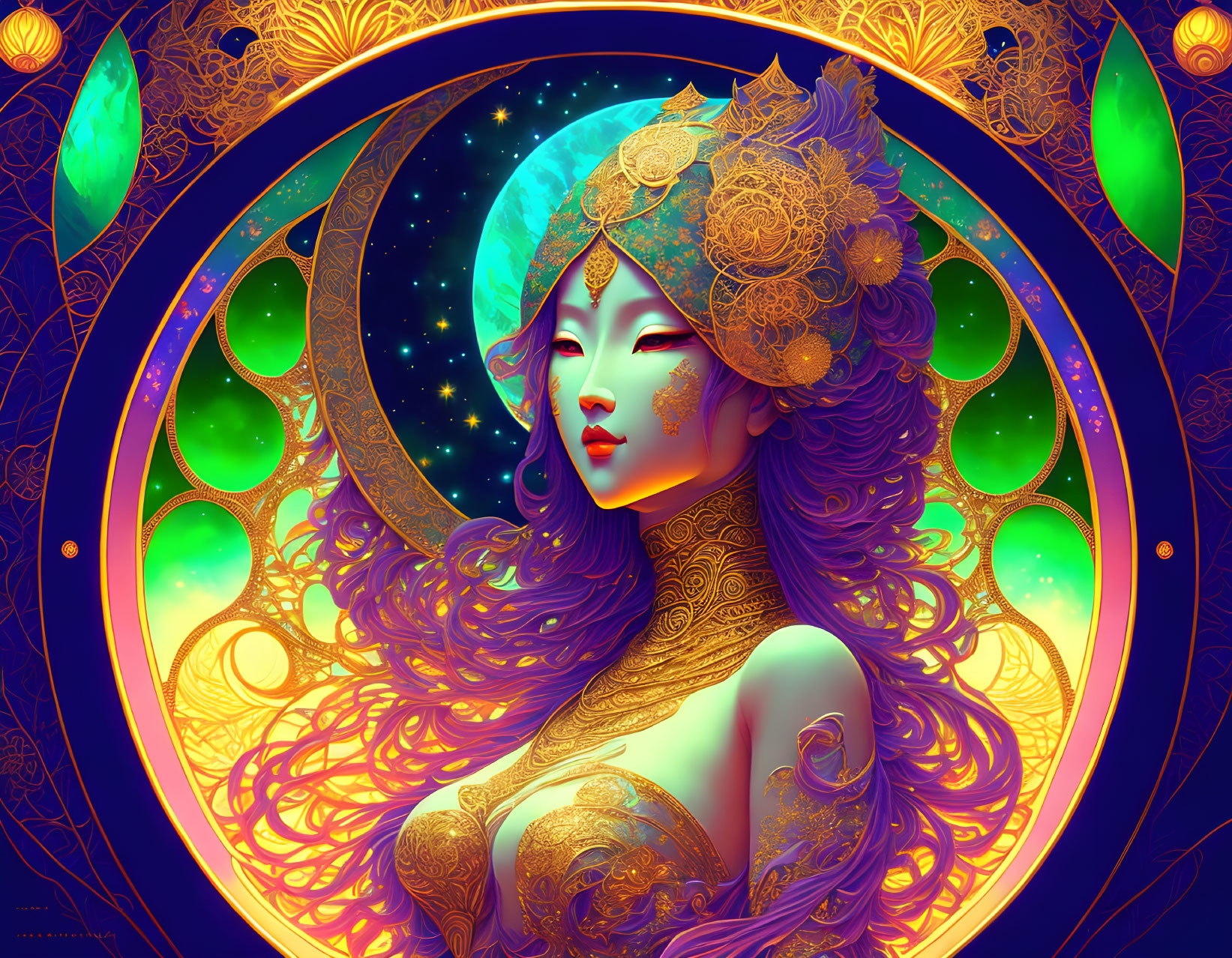 Celestial woman with purple hair and golden headdress in cosmic scene