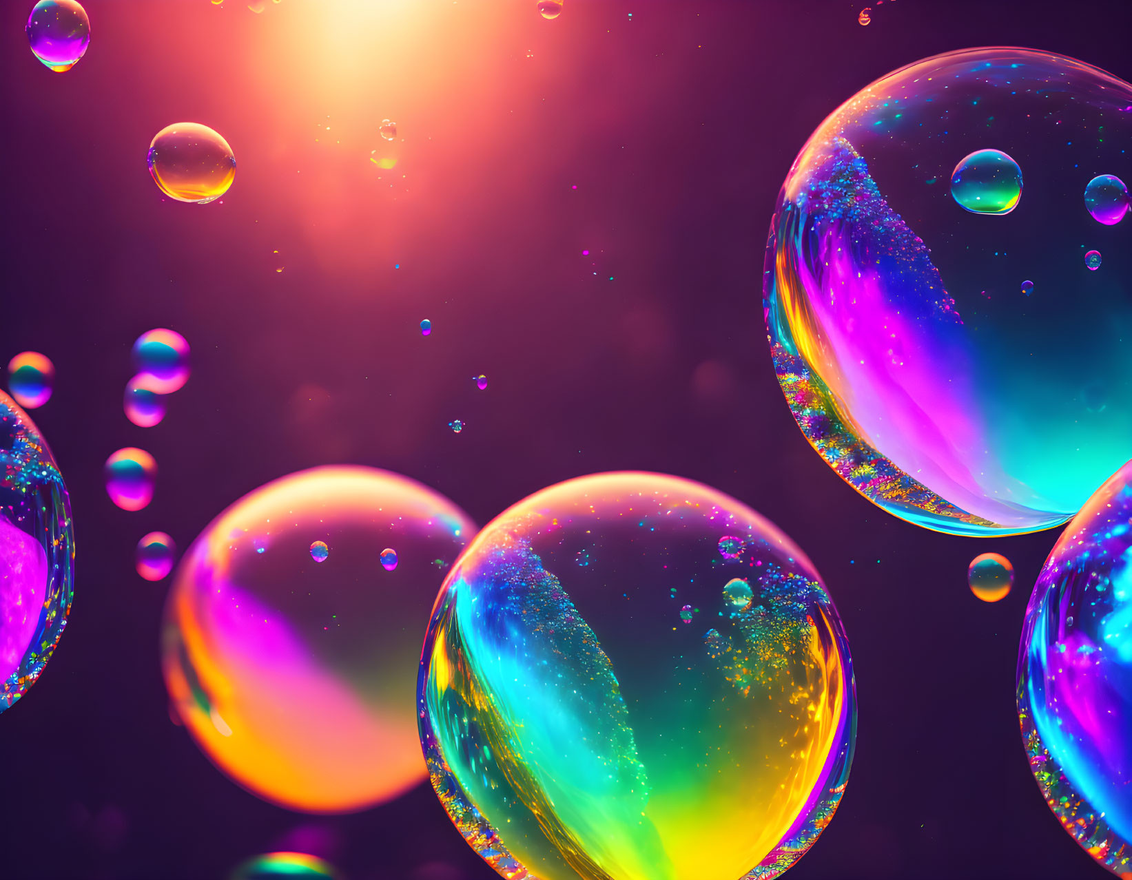 Colorful soap bubbles on dark purple background with bokeh effect