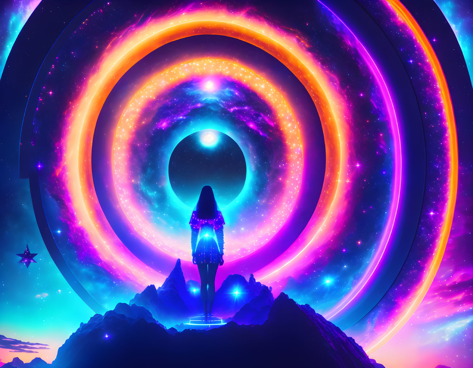 Person standing on mountain peak before vibrant cosmic portal with concentric circles in sky