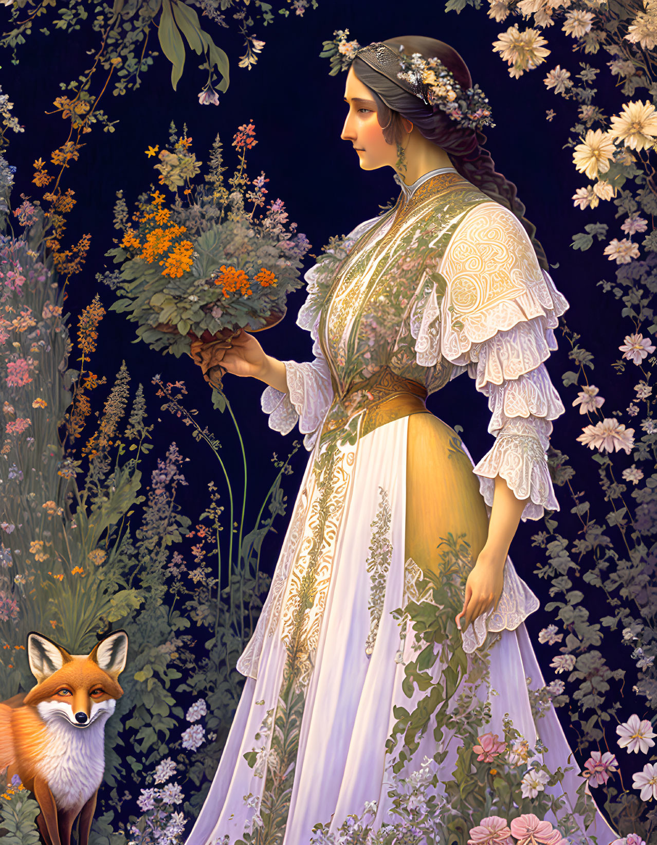 Vintage-dressed woman with fox and flowers on dark floral backdrop