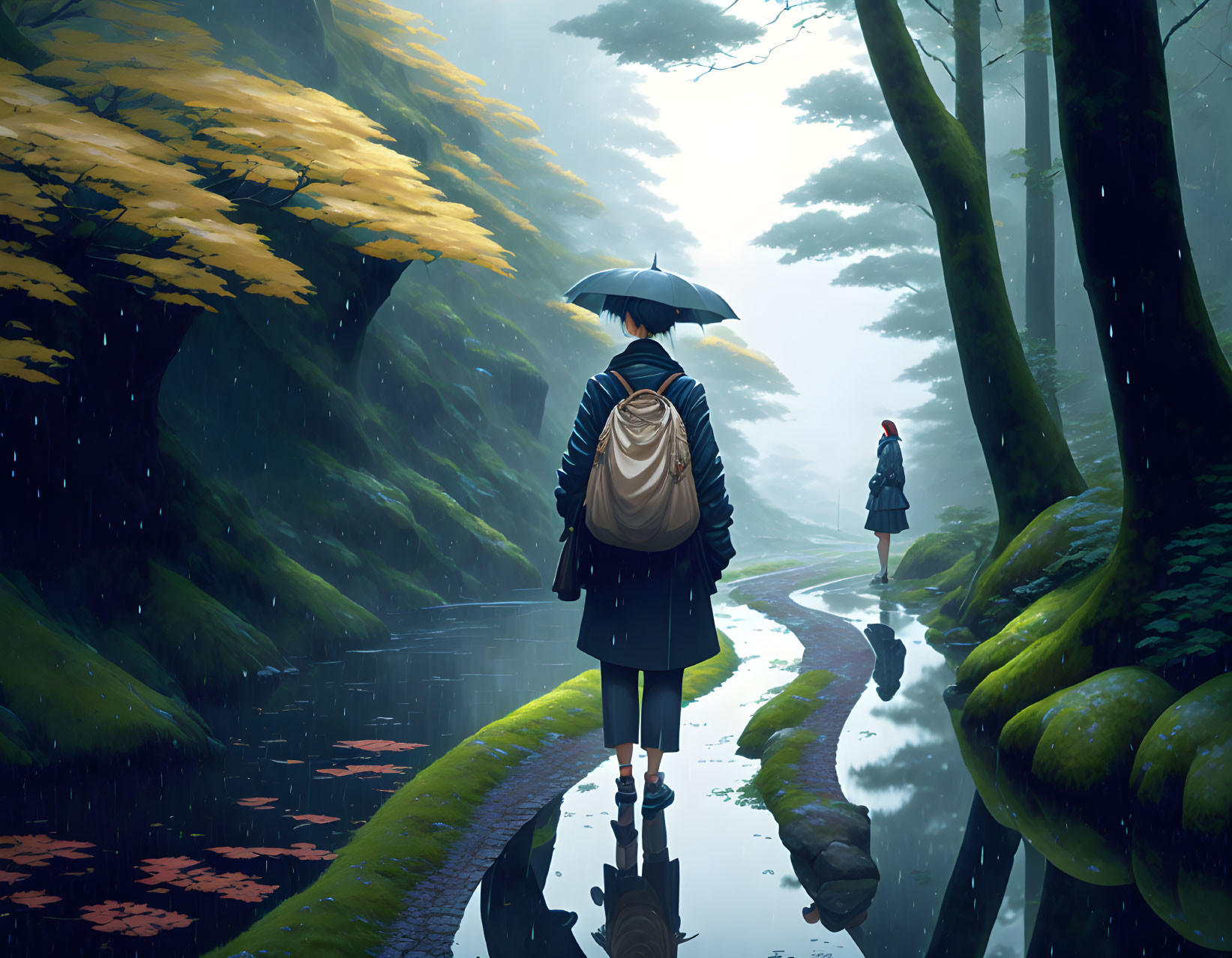 Person with umbrella and backpack walks on rain-soaked path with tree reflections.