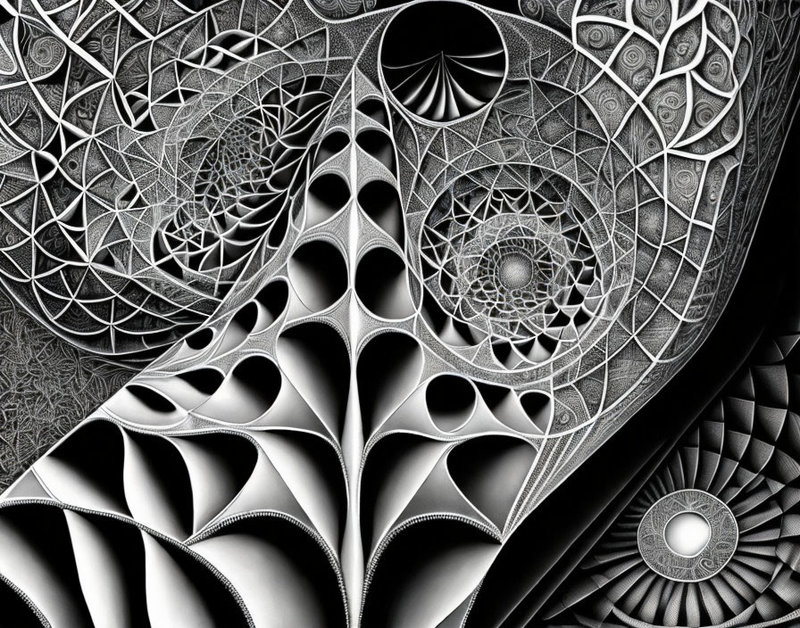 Abstract Monochrome Fractal Art: Spirals and Leaf-like Structures