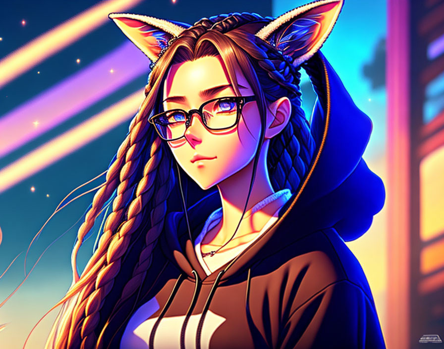 Girl with Fox Ears in Glasses and Hoodie Under Twilight Sky