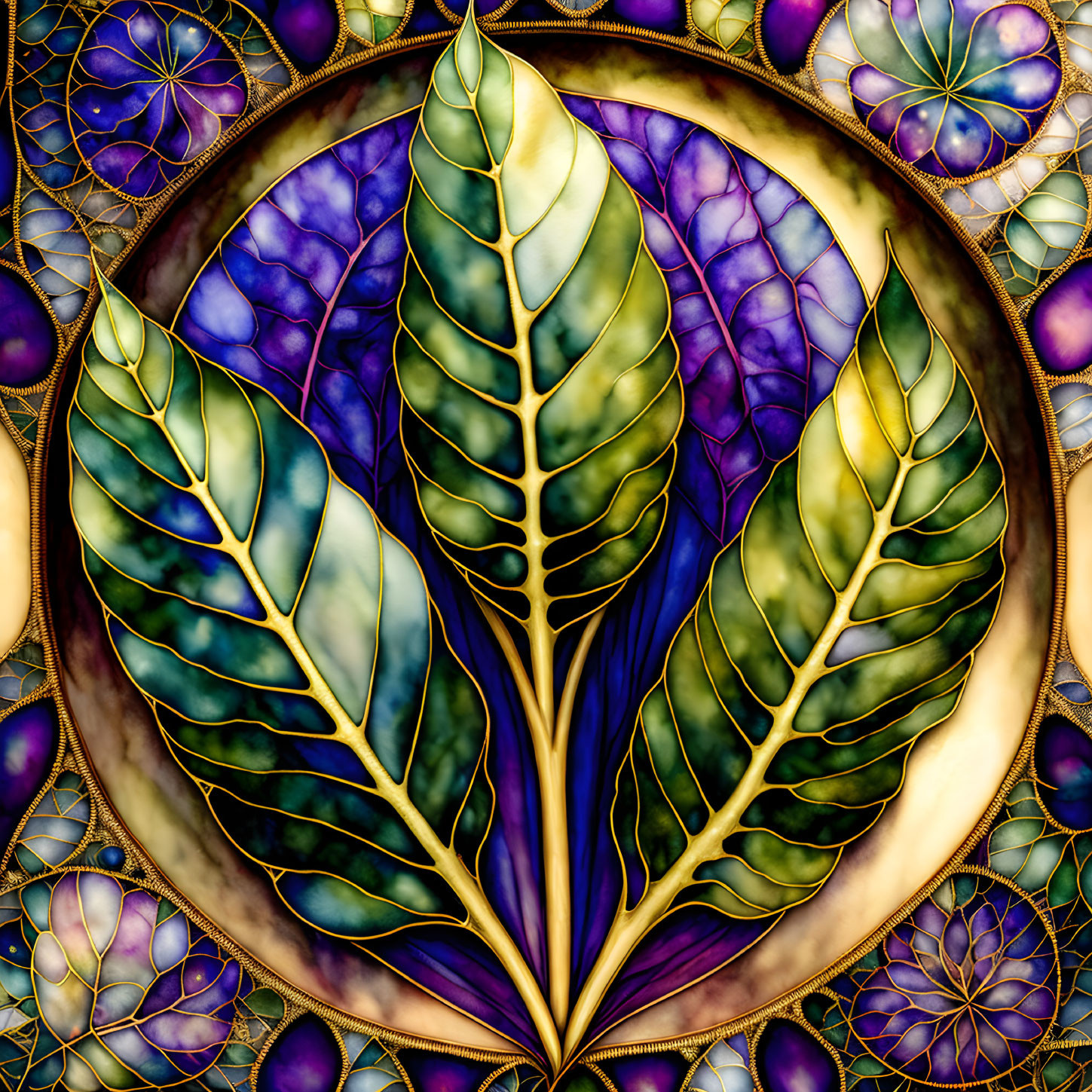 Colorful Stained Glass Design with Green and Blue Leaves on Purple Background