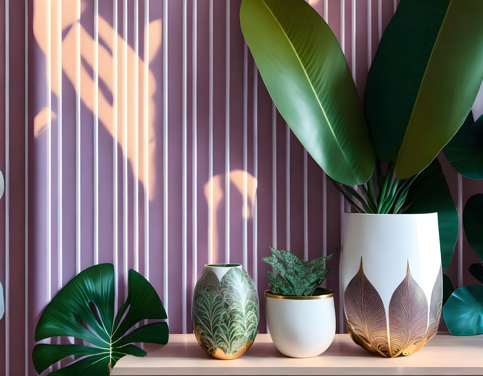 Tropical plant decor in stylish vases on purple striped wall