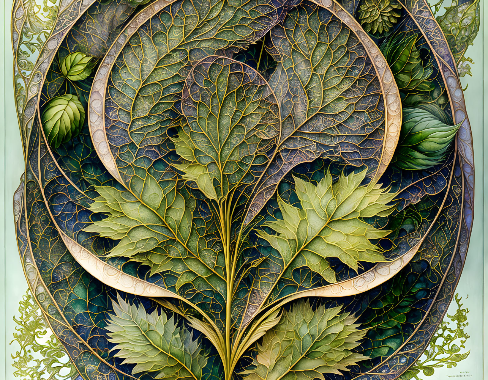 Symmetrical botanical illustration with golden lattice overlay