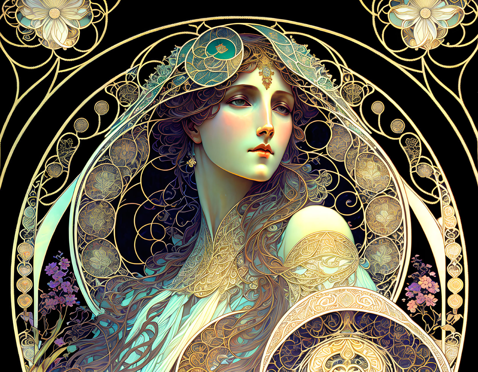 Detailed Art Nouveau Woman Illustration with Gold Patterns