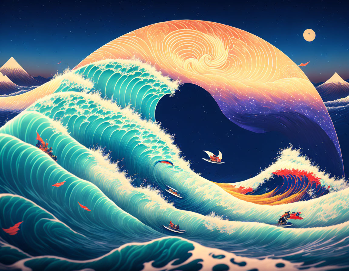 Stylized image of large wave with sailboats, fish, starry sky, mountains, and